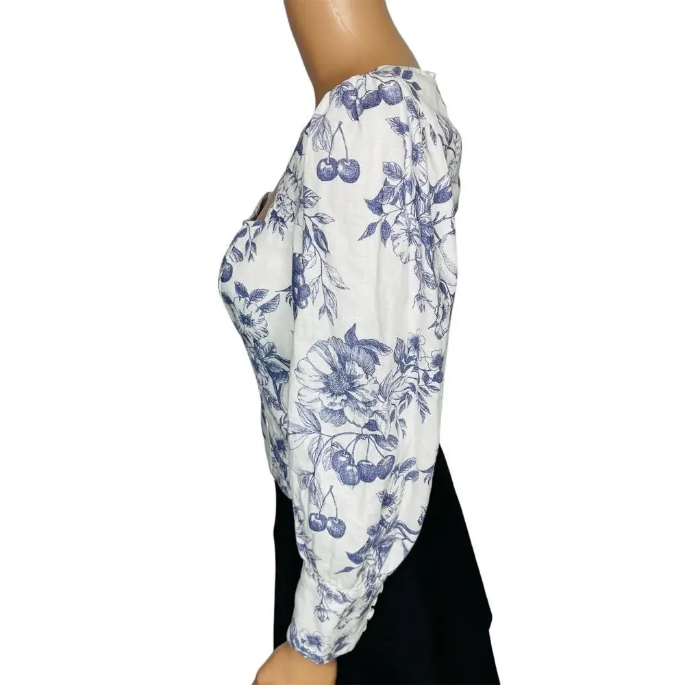 Reformation Stilton Linen Top Blue Toile Floral Long Sleeve Square Neck Size 2